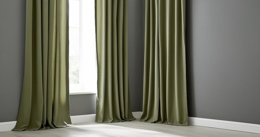 Olive green curtains are installed in the living room, the walls are grey in color, and the full height of the curtains is clearly visible.