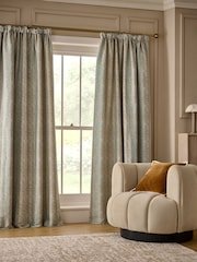 Duck Egg Blue/Gold Jacquard Pencil Pleat Lined Curtains - Image 3