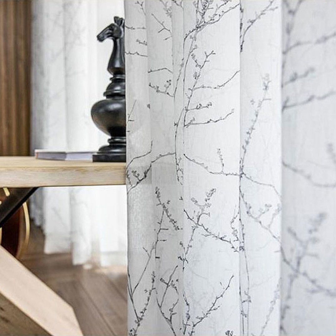 Inked Branches Black and White Floral Voile Curtains - Image 3