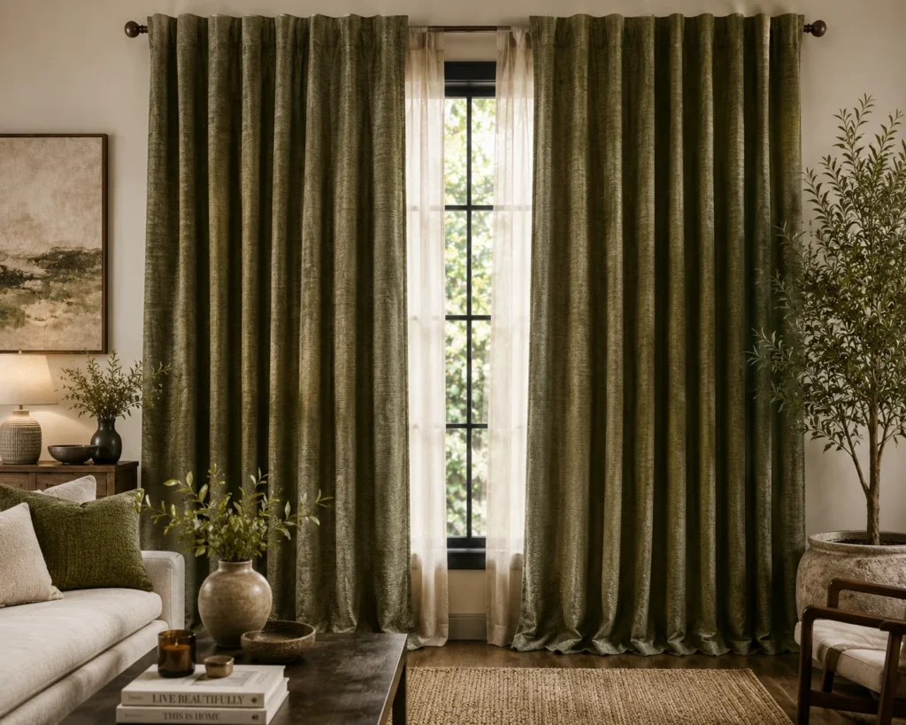 Olive Textured Living Room Curtains