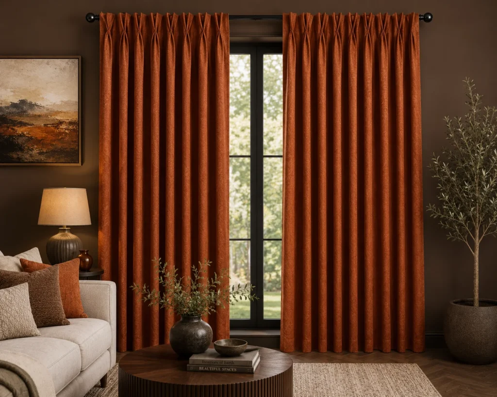Rust Orange Pinch Pleat Living Room Curtains