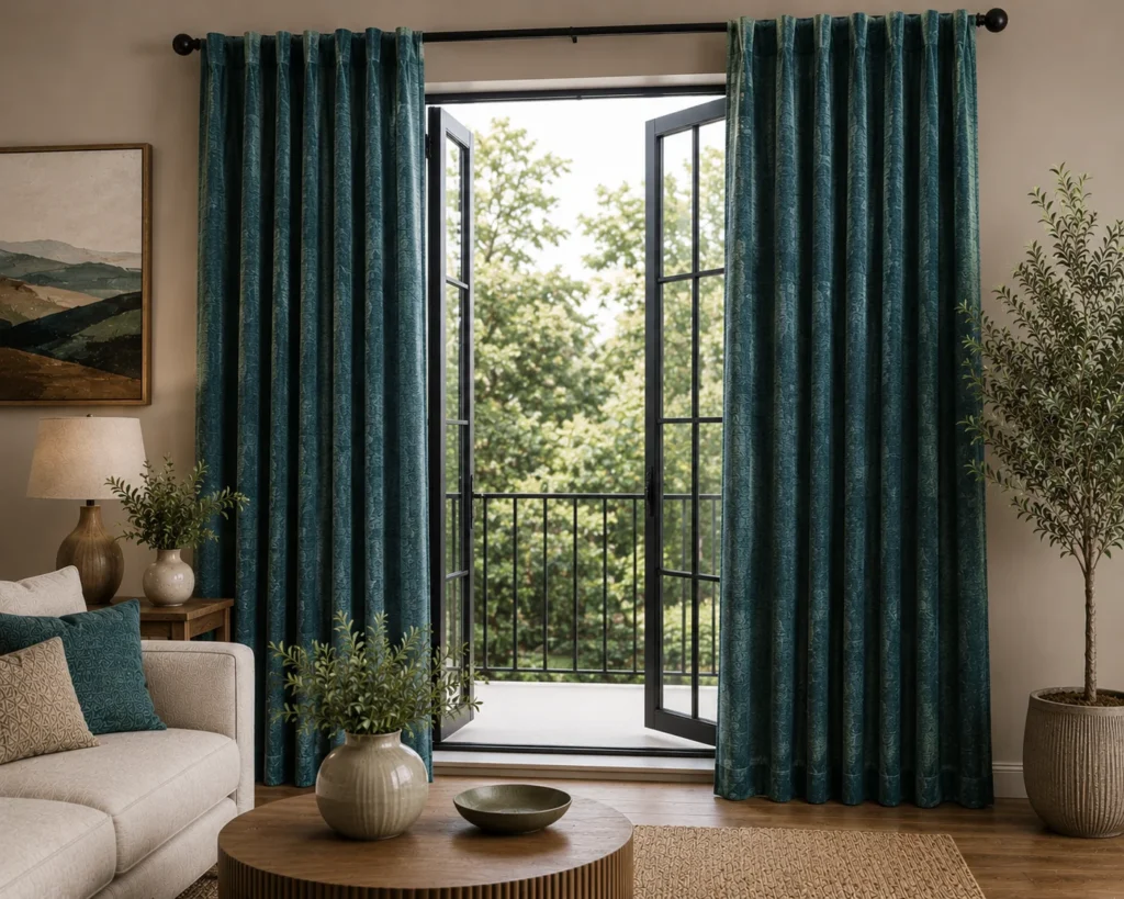 Teal Textured Living Room Curtains
