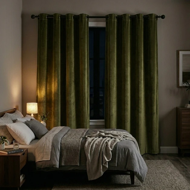 Deep Olive Velvet Bedroom Curtains
