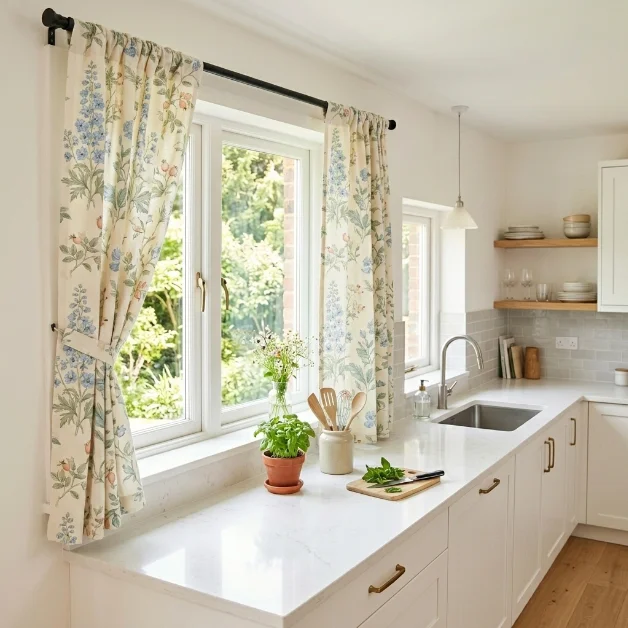 Ivory Floral Cotton Kitchen Curtains