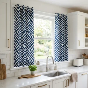 Navy and White Geometric Kitchen Curtains