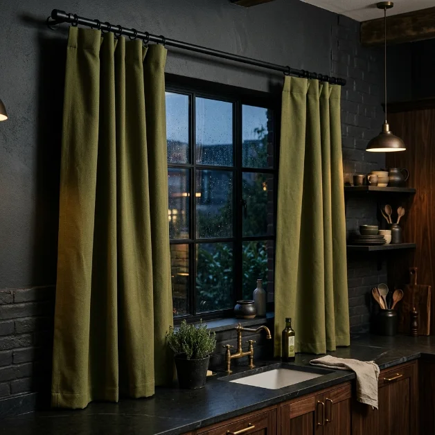 Olive Green Waterproof Kitchen Curtains