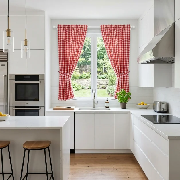 Red Gingham Cotton Kitchen Curtains ### Specifications **Fabric:** Premium cotton **Color:** Red gingham **Opacity:** Light filtering **Header:** Rod pocket or eyelet **Features:** Classic check pattern, breathable texture, privacy enhancement, and natural light diffusion **Size:** Standard sizes or custom-made **Care:** Cool machine wash or dry clean