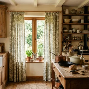 Sage and Cream Block Print Kitchen Curtains