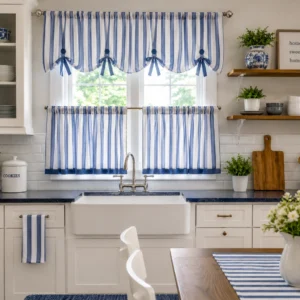 Blue and White Stripe Kitchen Curtains