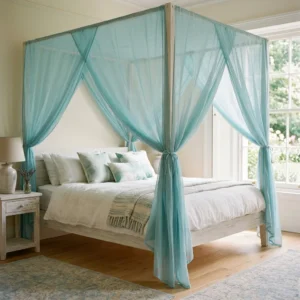 Aqua Blue Sheer Canopy Bed Curtains