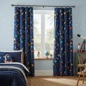 Blue Outer Space Kids Room Curtains
