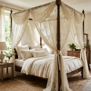 Cream Lace Canopy Bed Curtains