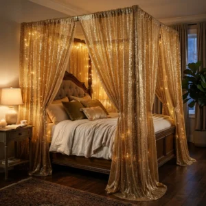 Gold Shimmer Canopy Bed Curtains