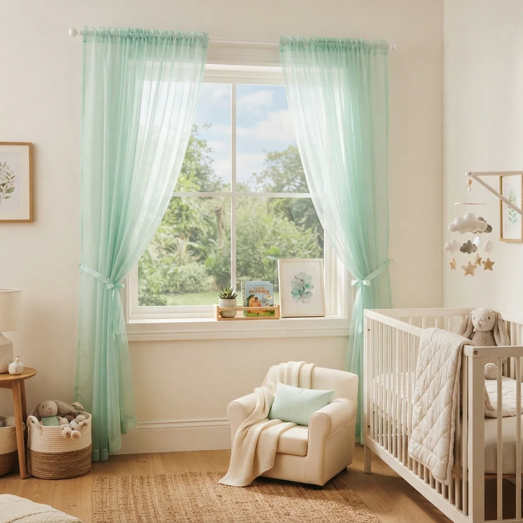 Mint Green Sheer Nursery Curtains - Image 2