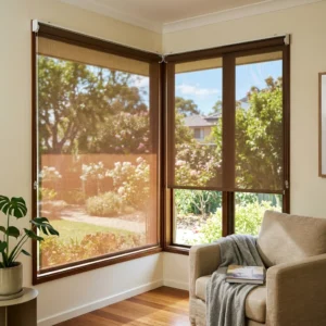 Mocha sunscreen blinds Abu Dhabi for living room windows
