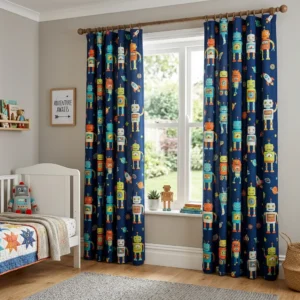 Navy Blue Robot Print Kids Room Curtains