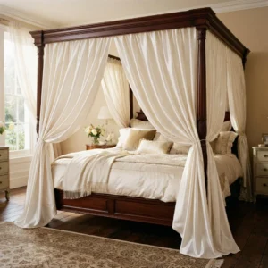 Pearl White Silk Canopy Bed Curtains