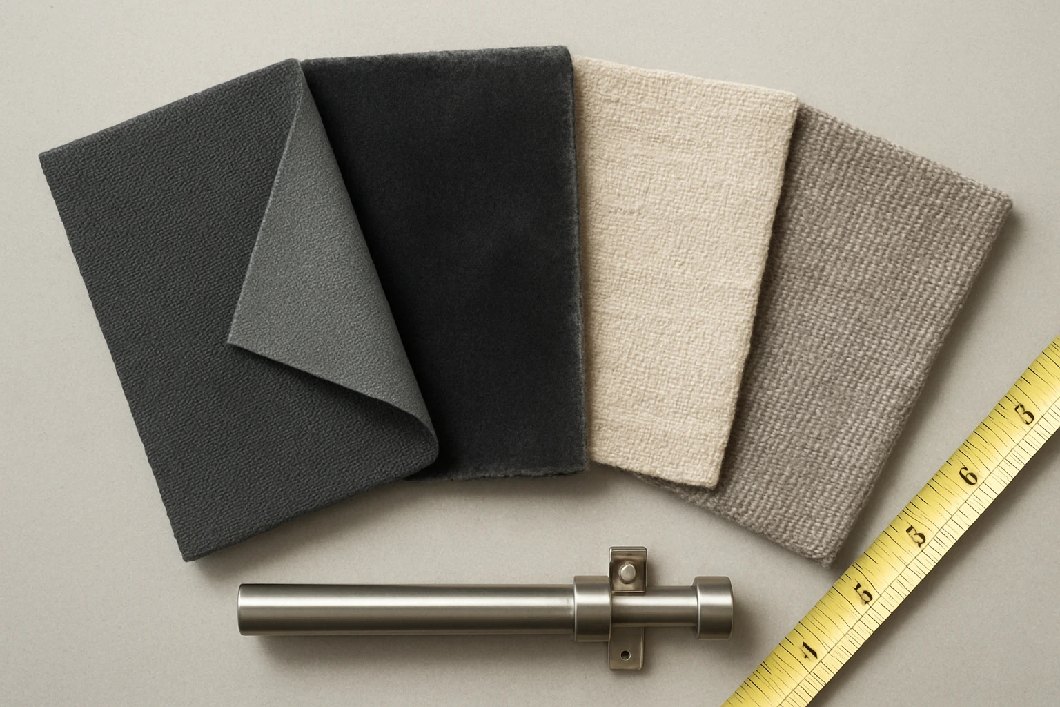 Blackout curtain fabric swatches and sample rod