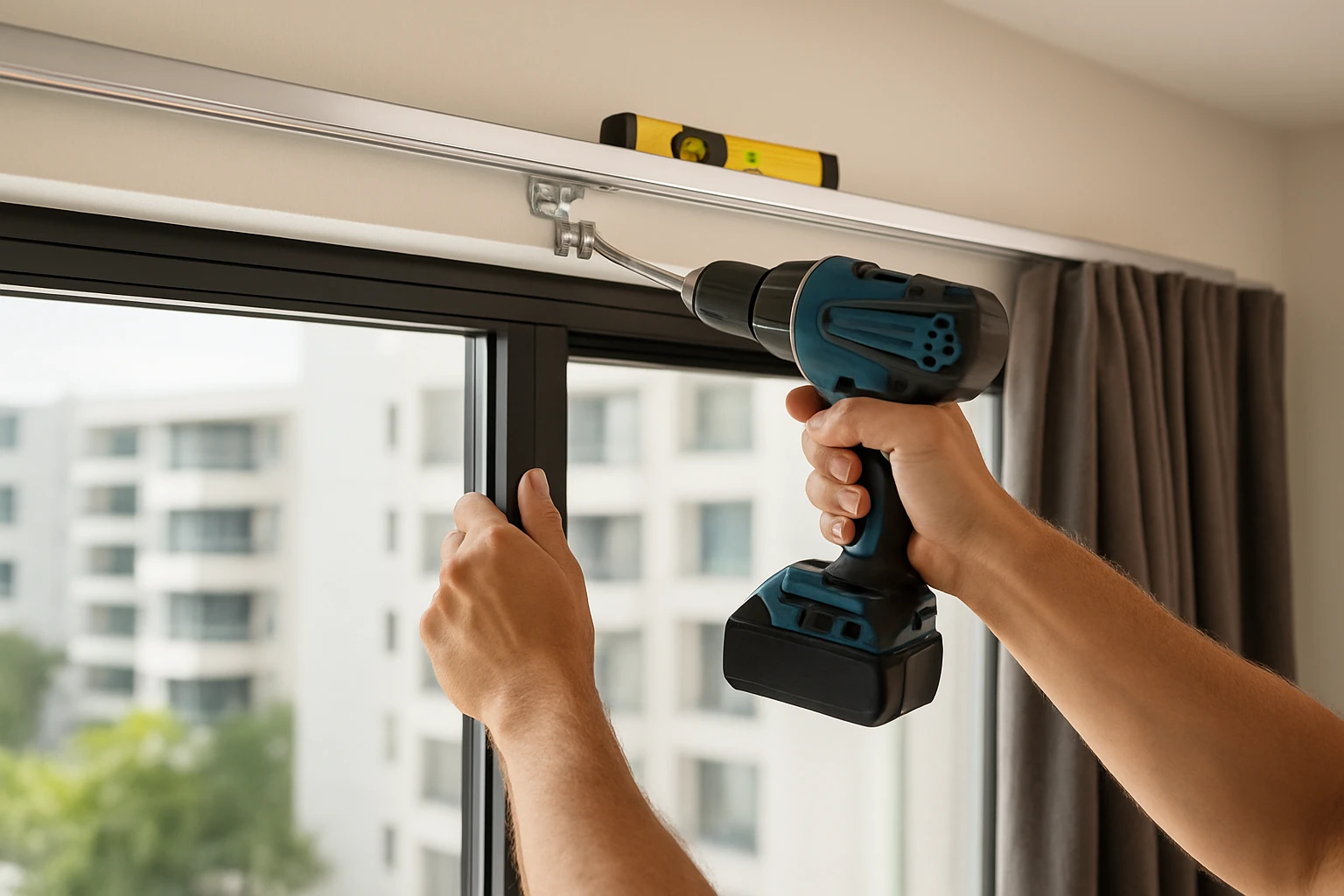 Blackout curtains being installed