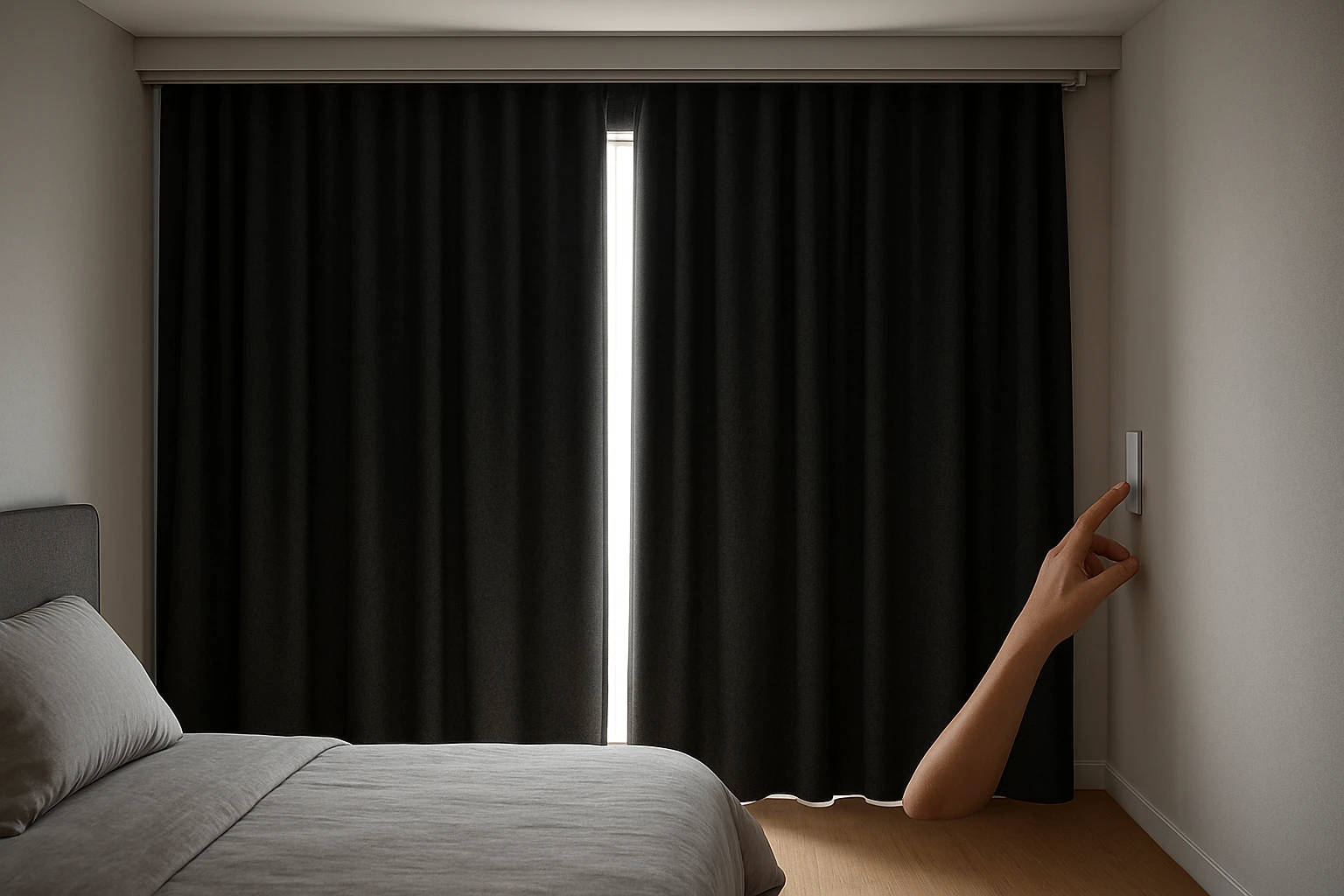 Motorized blackout curtains closing in bedroom