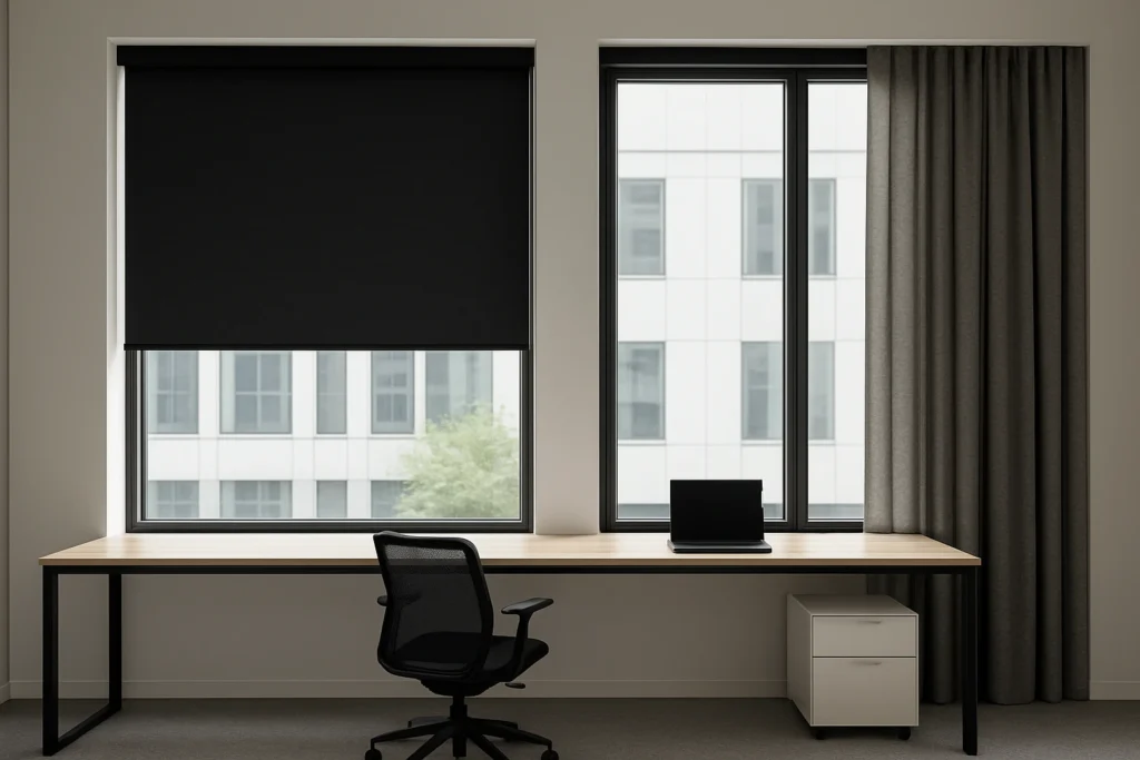 Office blinds and curtains compared side by side