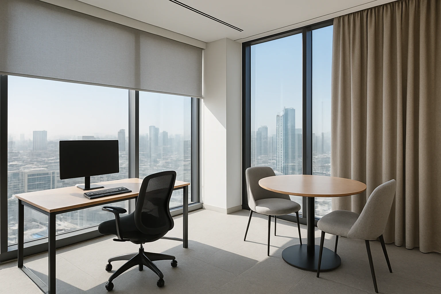 Office blinds and curtains in adjoining workspaces