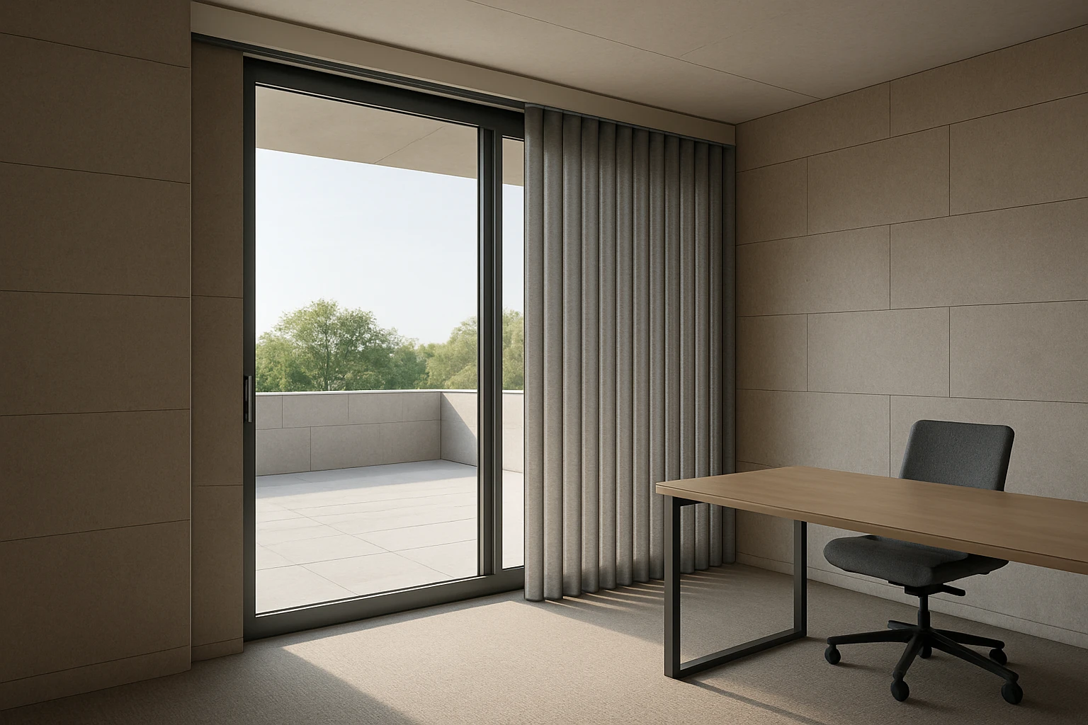 Office vertical blinds keeping sliding door access clear