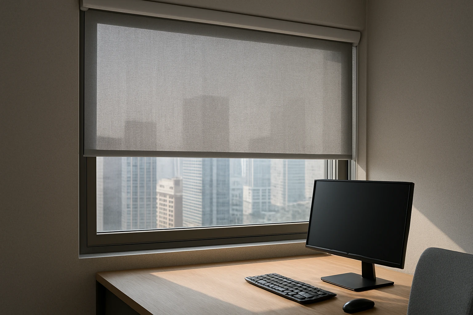 Sunscreen roller blind filtering sunlight beside office desk